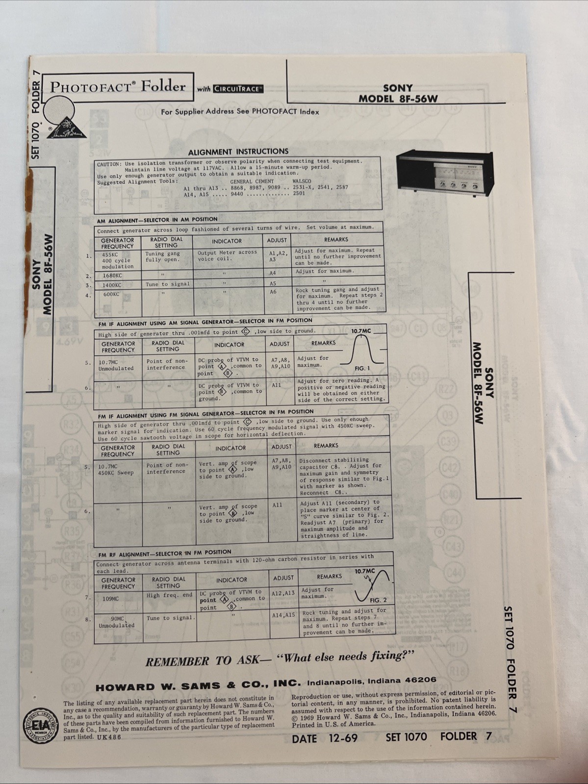 Vintage Sams Photofact Schematic 12-1969 SONY MODEL 8F-56W