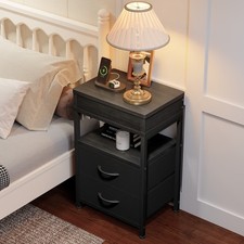 Nightstand with Sliding Top End Table with Charging Station  2 Drawers Black
