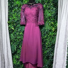 Formal Dress 10 Magenta Lace High-Low Evening Gown 3/4 Sleeve Corset Back 3911