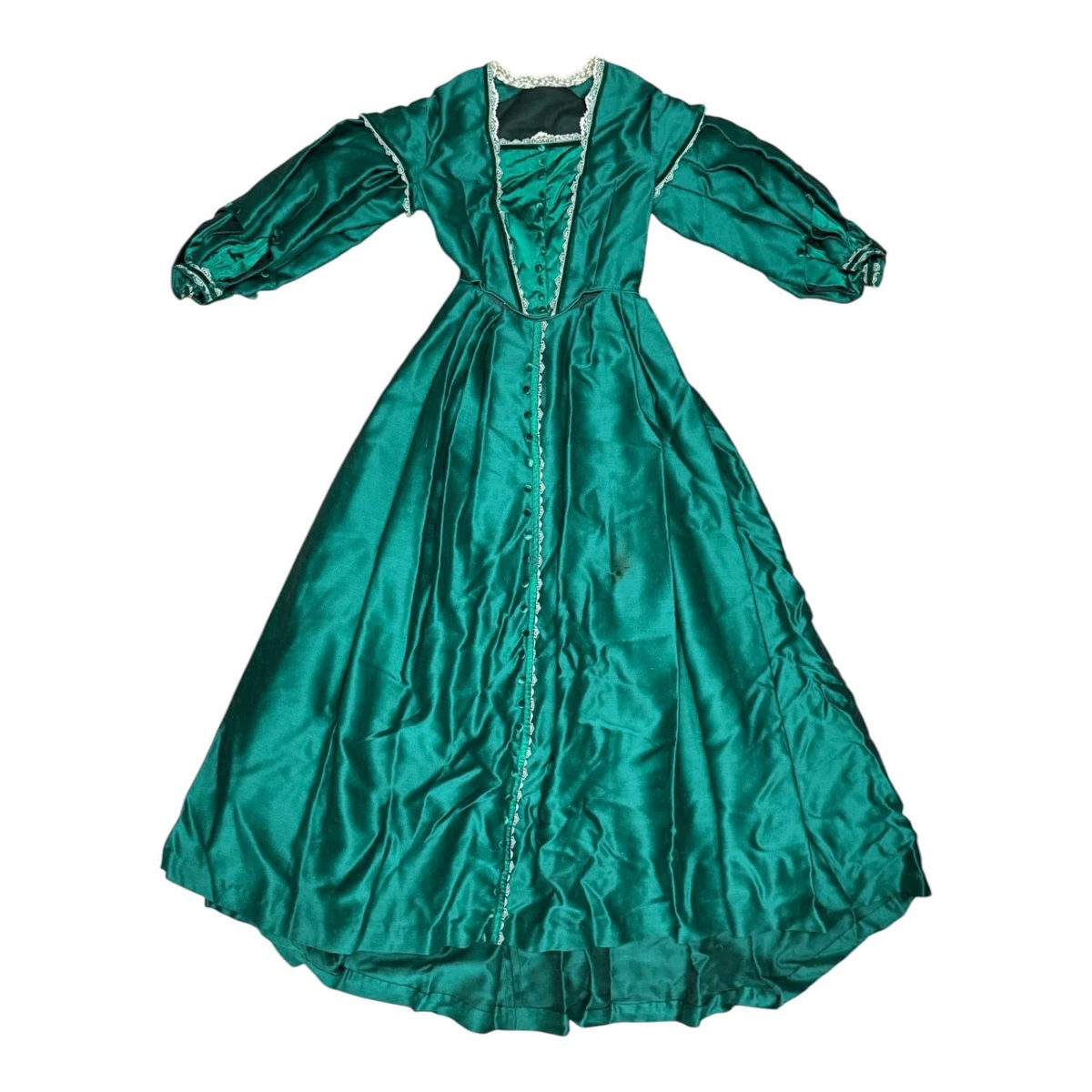 Vestido estilo victoriano vintage verde satinado look encaje mangas alfil cintura 26