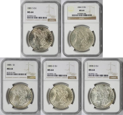 Lot 5 Coins Different Date Morgan Dollar $1 MS 64 NGC