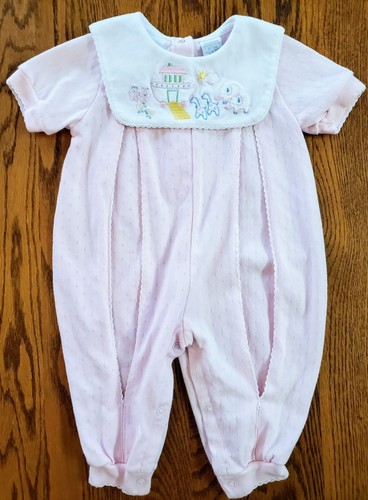 NOAHS ARK ROMPER 6-9M GIRLS PINK BIB COLLAR SHORT SLEEVE COTTON BLND CUDDLE BEAR - 第 1/14 張圖片