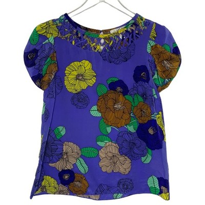 Tibi 0 Womens Bright Cobalt Blue Floral Silk Blouse Lattice Cut Out Detail