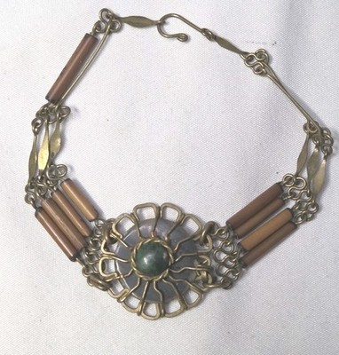 Vintage, Wooden Bead, Malachite Stone, 7.5'' Wirework Bracelet (1499)