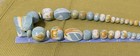 Vintage Hand Painted Wooden Beaded Necklace Blue Gold White Marble Geometric — photo 7