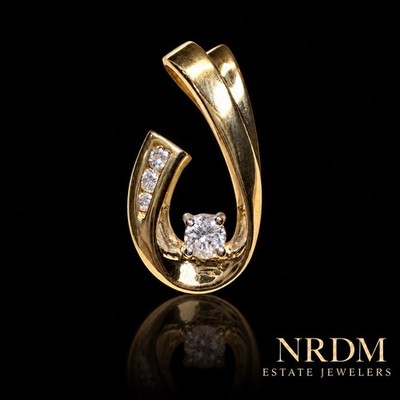 AV 14k Yellow Gold 1/4 Ct Diamond Solitaire Pave Slide Vintage Estate J Pendant
