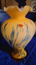 Murano Lavorazione Hand Blown 13" Vase Blue & Yellow Art Glass From Italy (#2035