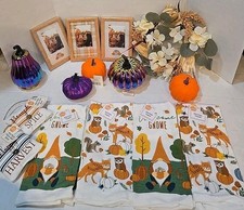 15 Pc Set Lot Autumn Fall Themed Dish Towels Pumpkins Kitchen Decor Frames Gnome