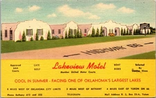 Lakeview Motel Route 66 Oklahoma Postcard Linen MWM United Motor Courts
