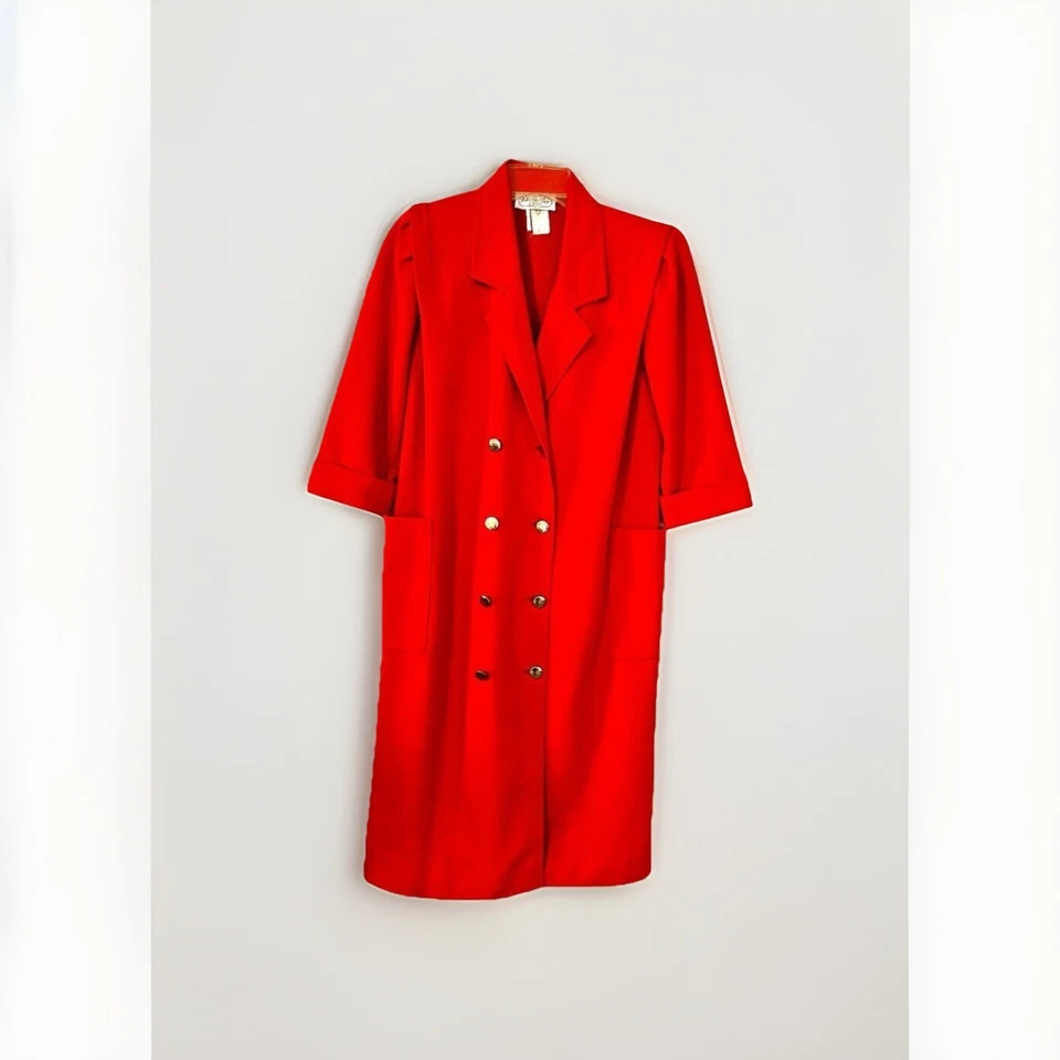 Leslie Fay Red Button Up Blazer Dress w Belt Sz 10 Retro Office Collar 1980s - Image 2 of 4