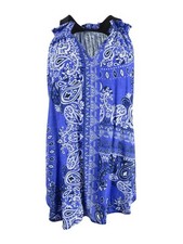 Karen Kane Women's Ruffle-Neck Bandana-Print Top (XS, Blue Multi)