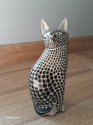 Vintage Stoneware Black And White Spotted Cat Figure