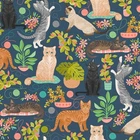 Feline Drive Fabric CURIOUS KITTYCATS Cats & Plants Dk Bl Fat Quarter (18x22) FQ
