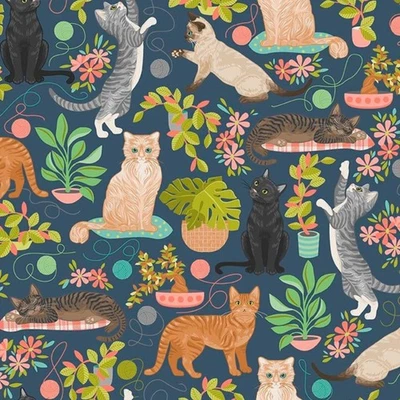 Feline Drive Fabric CURIOUS KITTYCATS Cats & Plants Dk Bl Fat Quarter (18x22) FQ - Image 1 of 4