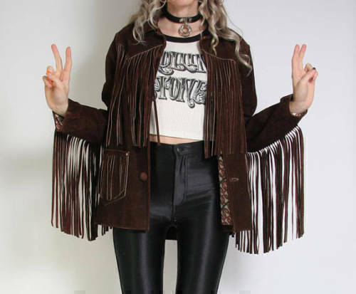 Women American Native Western Style Suede Leather Jacket Fringes - Dark Brown - Picture 1 of 6