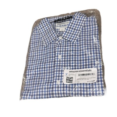Amazon Essentials Slim Fit Men s Blue Plaid Short Sleeve Button Down Size Large