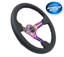 NRG Steering Wheel 350mm Black Leather Neochrome Spoke 3" Deep RST-018R-MCBS