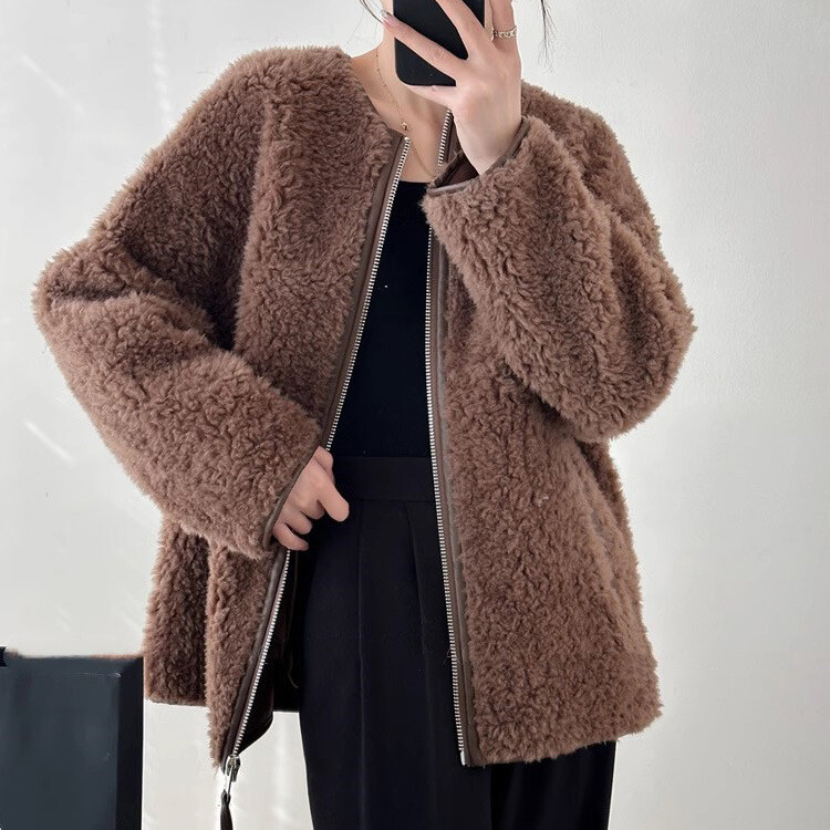 Women's Wool  Coat Zip Round Neck Overcoat Slim Fit Outwear Formal Fashion OL