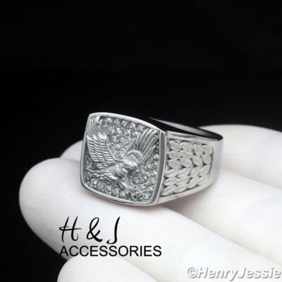 MEN's Stainless Steel Icy Bling CZ EAGLE Square Ring Size 8-12*ASR153