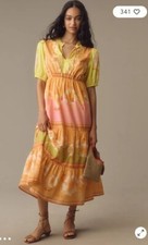 NWT Farm Rio x Anthropologie Short Sleeved Tiered Midi Dress 🍊 Yellow Green XS!