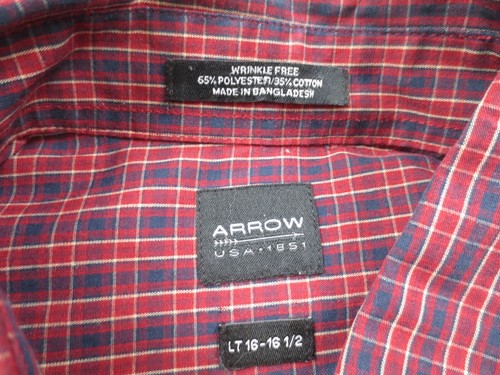 Arrow Shirt Mens Large Tall Dark Red Blue Check Easy Care Long Sleeve Button Up - Picture 3 of 10