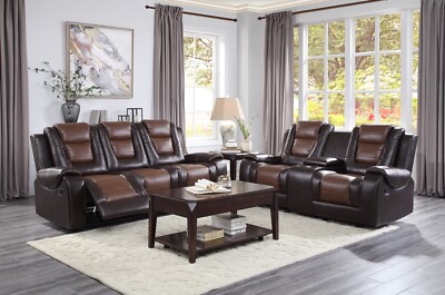 TWO TONE BROWN FAUX LEATHER RECLINING SOFA DROP DOWN TABLE GLIDING LOVESEAT SET