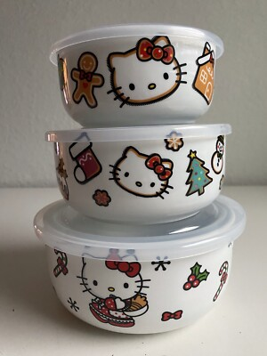 #ad Set Of 3 Hello Kitty Christmas Pressure Lid Ceramic Food Storage Bowls Container $49.50