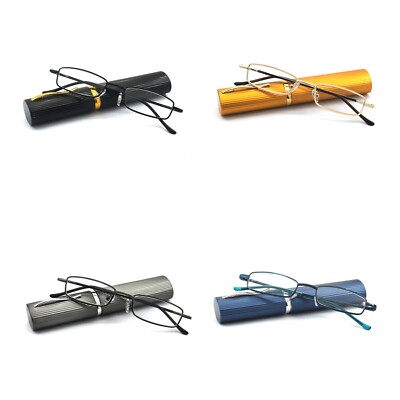 EYE ZOOM 4 Pack Compact Slim Metal Reading Glasses with Tube Case for Men Women