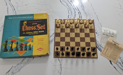 Vintage 1960's EW Lowe Tournament Chess Set w/ Lifetime Board Box And Manuals 