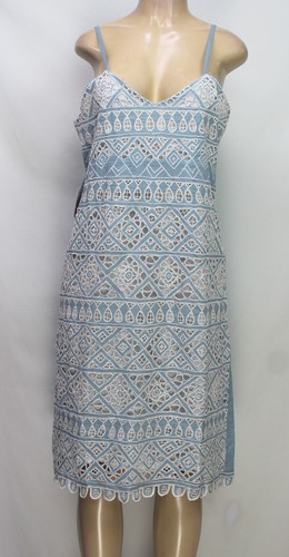 Hibis Lace Works Women's Dress Sleeveless Lined Embroidered Blue/White Size L - Picture 2 of 7