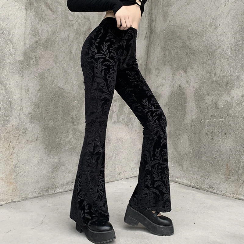 Lady Floral Velvet Bell Bottoms Flare Pants Trousers Black Gothic Fashion  Casual