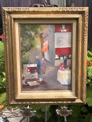 Original Oil Painting, Naive Folk Art, French Sidewalk Cafe, Signed, Framed