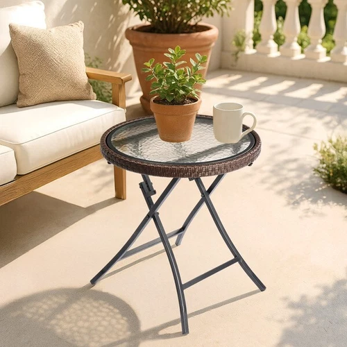 Outdoor Side Table Round Rattan Patio Side Table Small Foldable Wicker Table - Picture 8 of 10