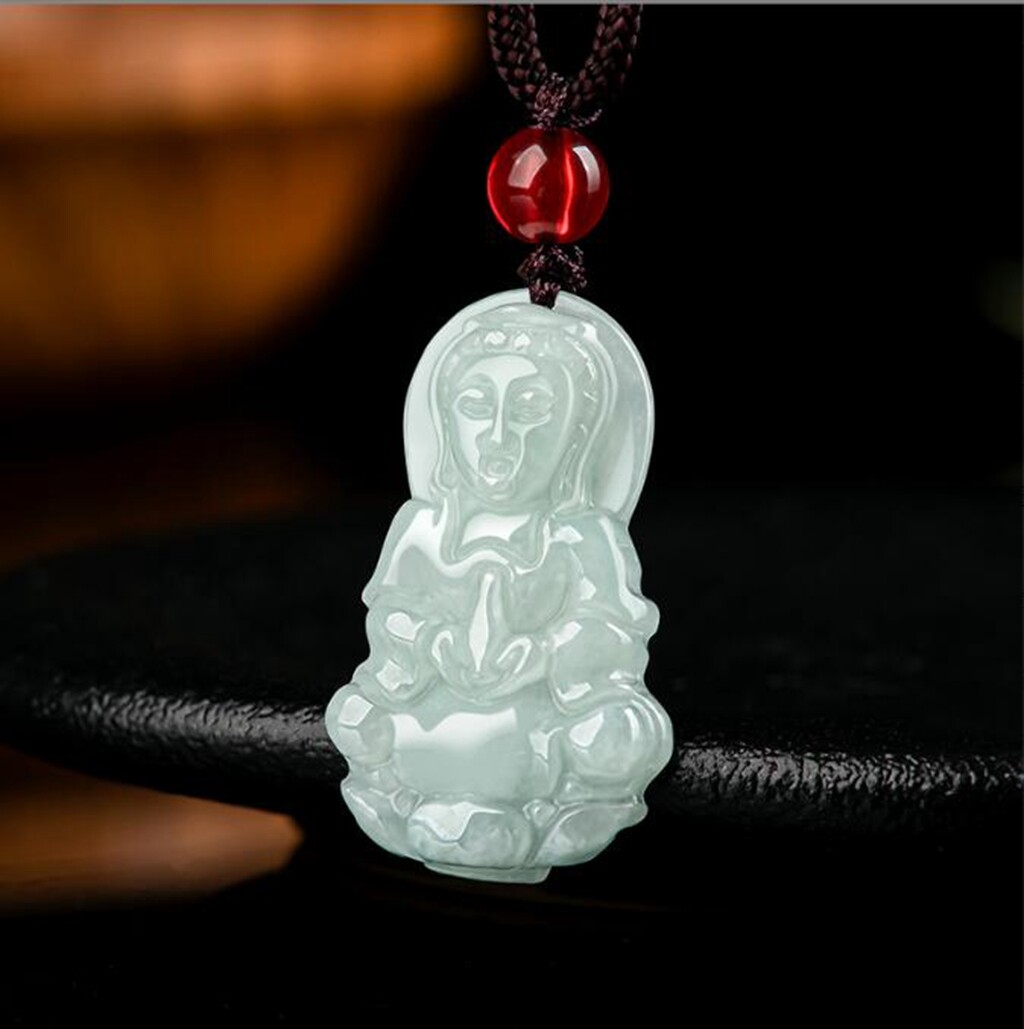 Certified Natural Burma A Jade jadeite 手工雕刻 GuanYin 吊坠项链-