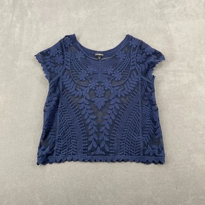 Express Crop Top Womens Medium Blue Floral Lace Sheer Cap Sleeve Scoop Neck