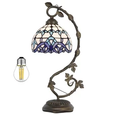 Tiffany Style Lamp White Blue Stained Glass Table Lamp Reading Desk Light Met...