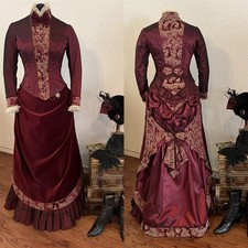 1800s Victorian Bustle Red Dresses Ruffled Elizabeth Dresses Vintage Ball Gowns