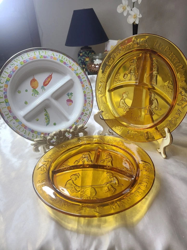 1 Plato Infantil Esmaltado Mckenzie Childs y 2 Tiara Indiana Vidrio Ámbar Div Plato Foto 2 de 4