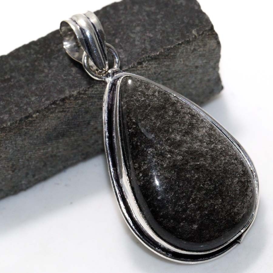 Silver Obsidian 925 Silver Plated Pendant Necklace 1.8 Inch Gemstone Jewelry Gift JW
