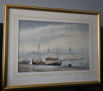 ARR Claude Kitto (1913-1996) Aquarell Hafenszene mit angebundenen Booten, signiert