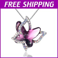 Birthstone Crystal Butterfly Necklace, Silver Tone