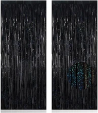 2 Pack Fringe Curtains Backdrops, Foil Fringe Curtains, Door Glitter Black