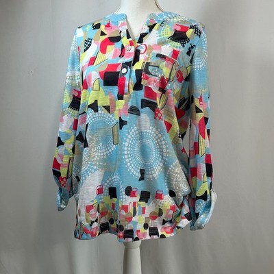 Ali Miles Women's Abstract Print Roll Tab Sleeve Button Up Top