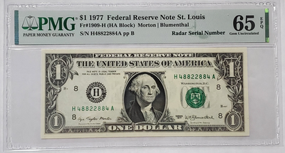 #ad $1 Bill 1977 Fancy Serial Number PMG 65 Gem Unc ALL EVENS RADAR H 48822884 A $379.99