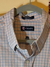 Chaps Plaid Button Down Dress Shirt 18.5 36/37 Blue Orange Classic Preppy Men