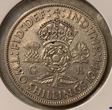 1944 UK British silver two shilling coin (50% silver), King George Vl