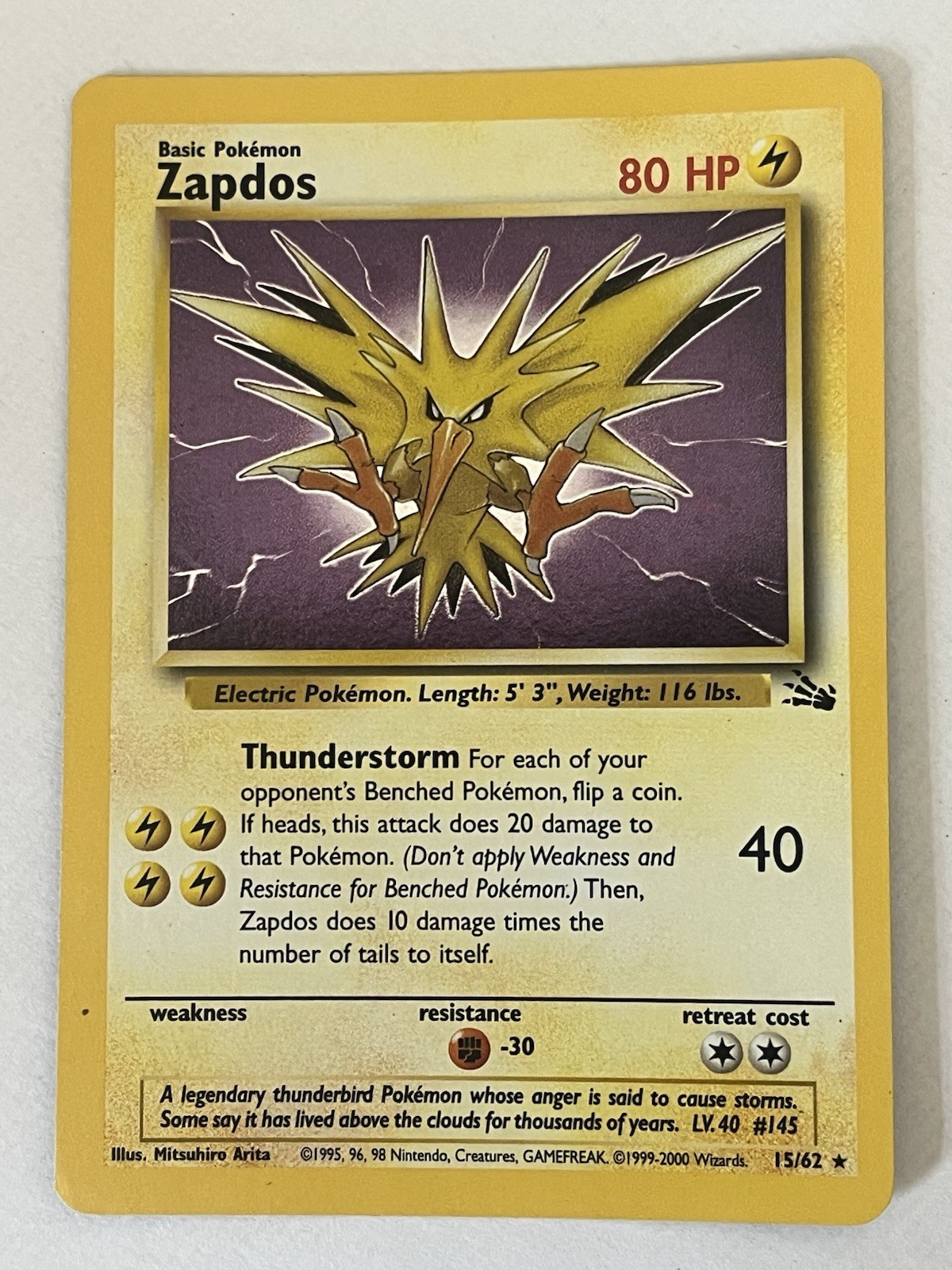 Zapdos 15/62 Fossil Set Rare Holo Vintage Pokemon TCG Card MP