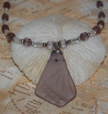 Wire Wrapped Purple Faux Sea Glass Necklace 20" Handmade Beaded Jewelry
