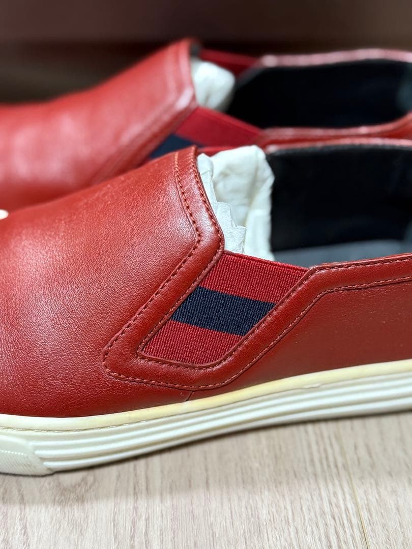 Auth Gucci Leather Slip-On Low cut Sneakers Red Logo EU37 US7 UK4 Women thumbnail 5