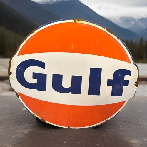 VINTAGE 14” X 12” GULF PORCELAIN METAL MOTOR OIL GAS PUMP PLATE SIGN